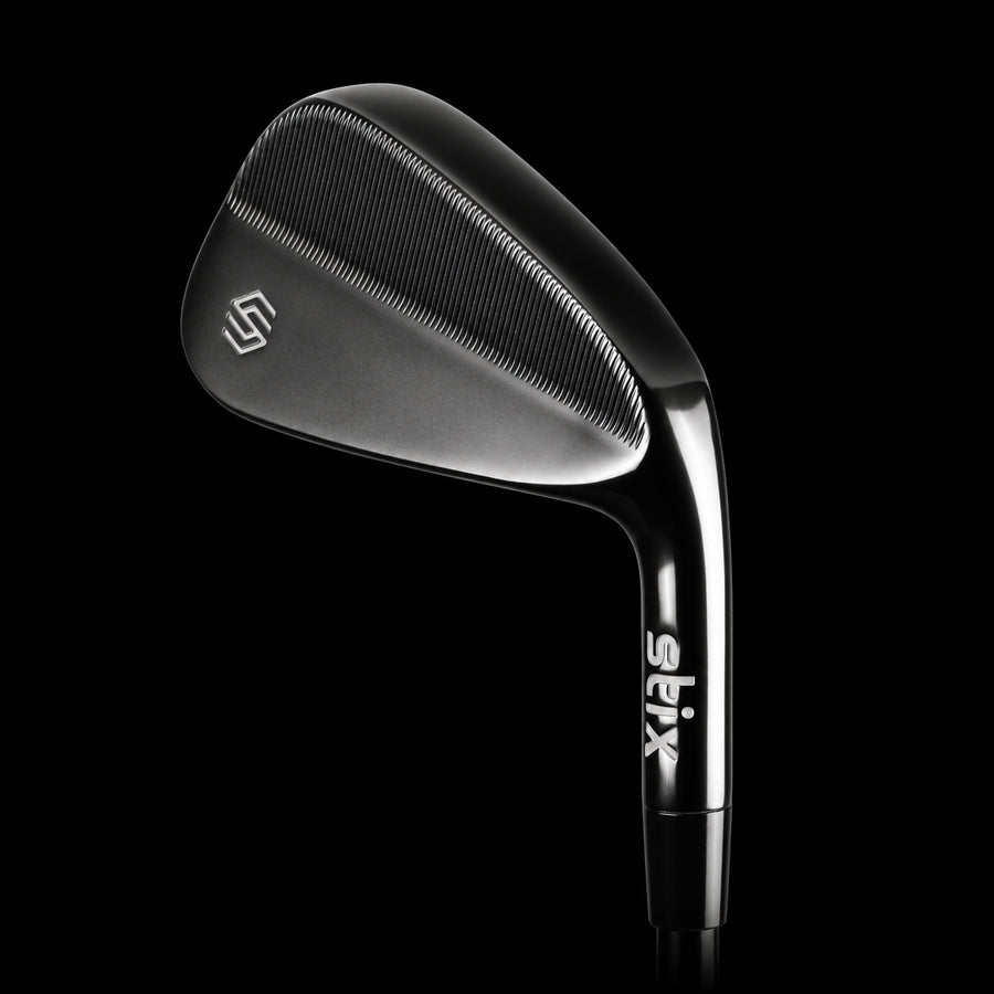 Close-up of a Stix iron face in two-tone matte and satin black.