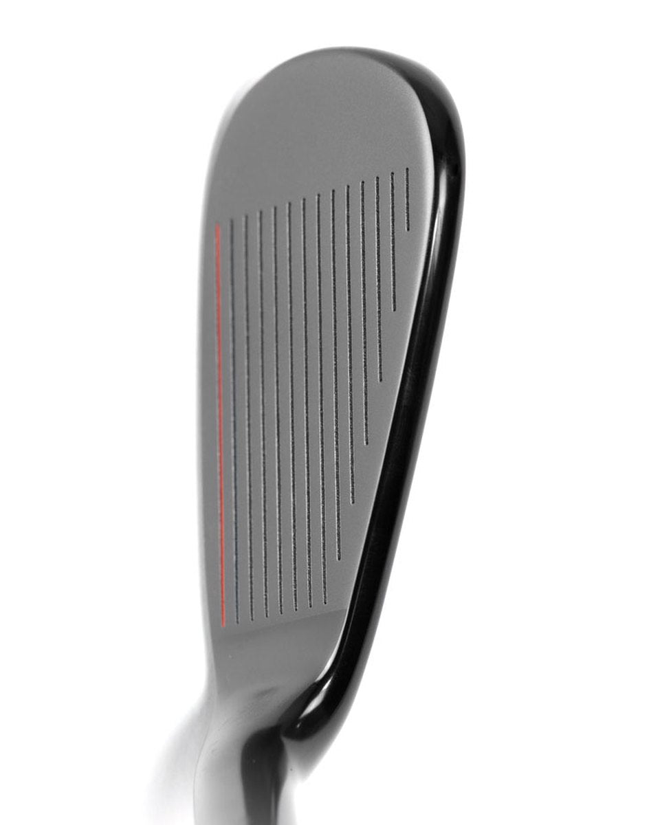 A black Compete iron at address, showing a thin top line